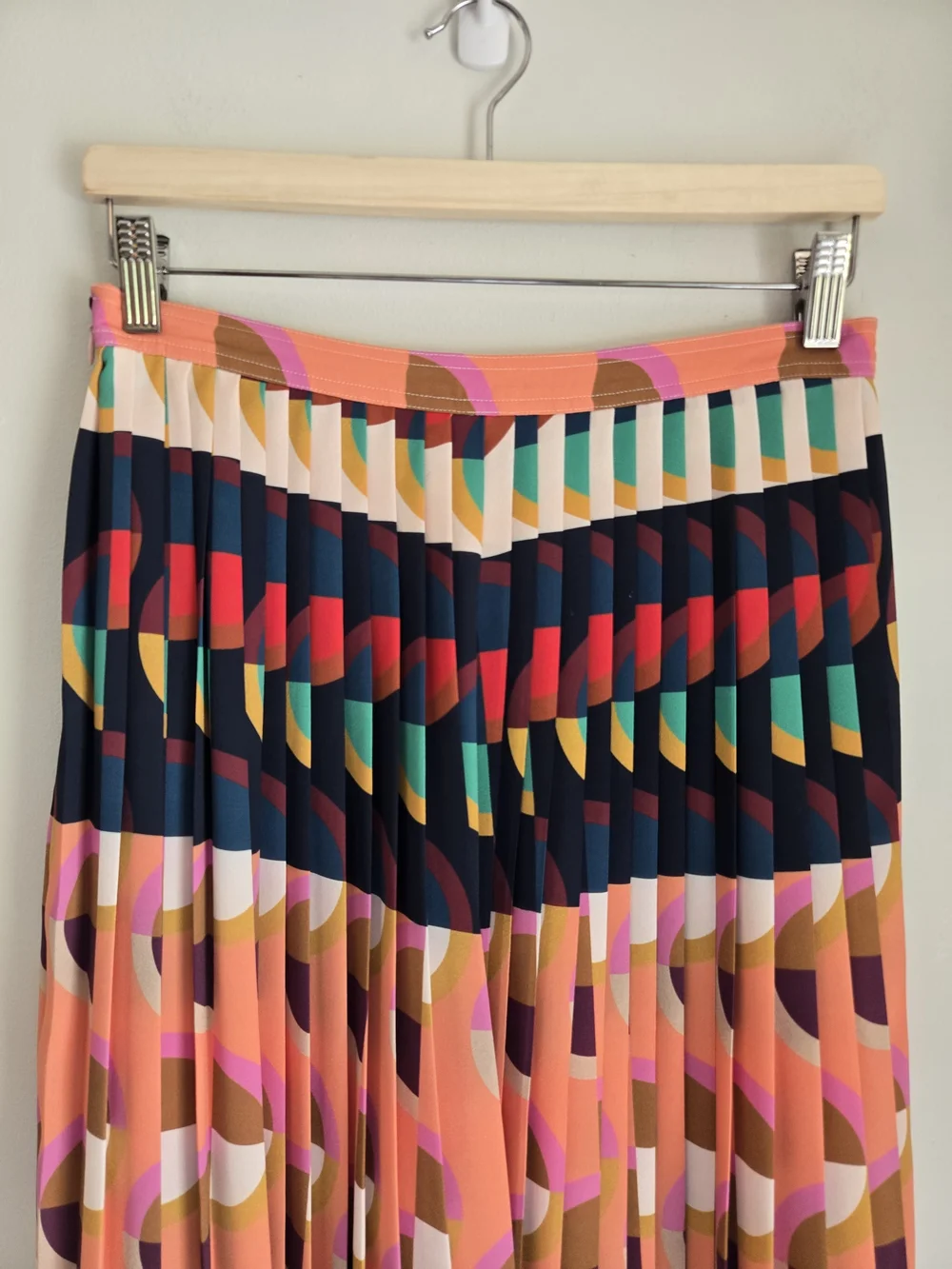 J.Crew Pleated Multicolor Geometric Art Retro Print Midi Skirt Peach Navy 6 - Picture 4 of 14